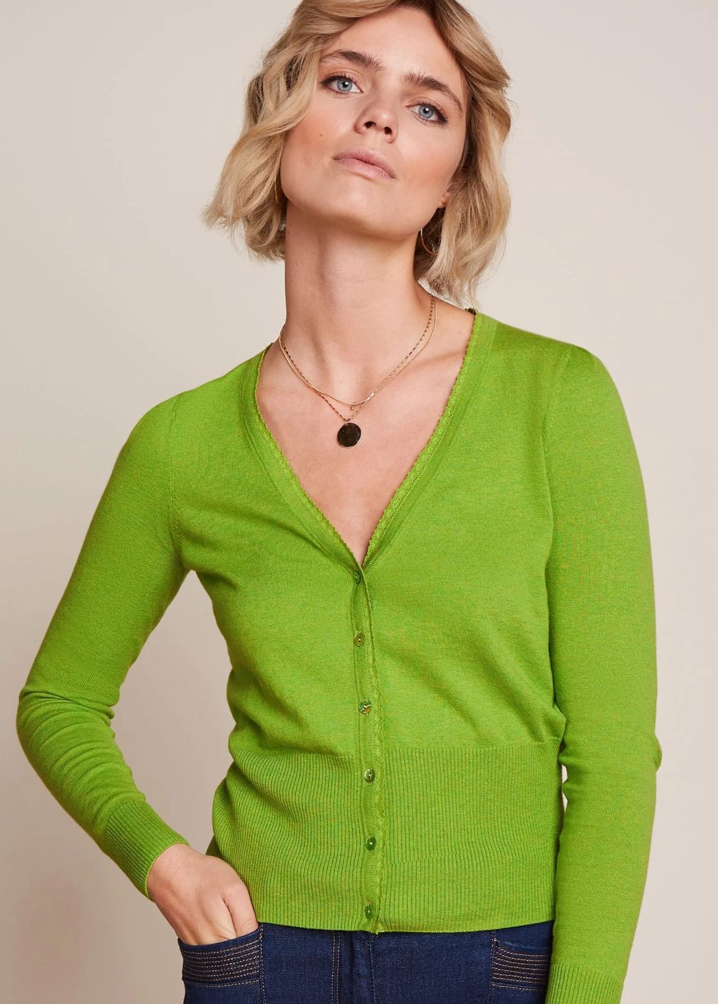 Feinstrick Cardigan, V-Neck, Green